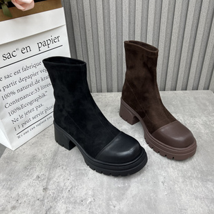 圆头套筒弹力靴粗跟中跟短靴 新款 清仓断码 处理真皮女靴2024秋冬季