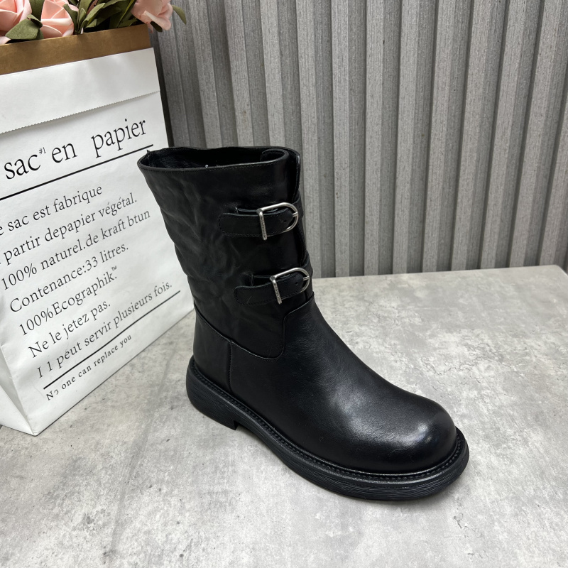 厂家断码处理真皮女靴2025秋冬季新款皮带扣加绒棉靴牛皮时尚短靴