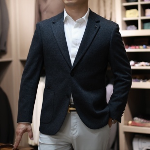 秋冬羊毛混纺男士竖纹商务休闲西服外套修身单西灰色绅士西装9901