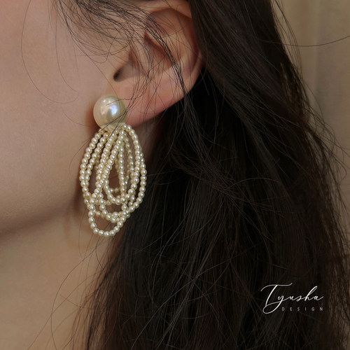 TYUSHA大颗粒正圆强光珍珠耳钉14k包金长款施家珍珠耳环女显脸小