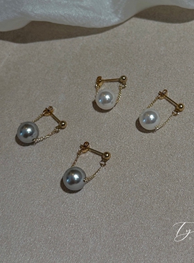 TYUSHA超美悬浮感!百搭正圆强光珍珠耳钉14K包金施家灰珍珠耳饰女