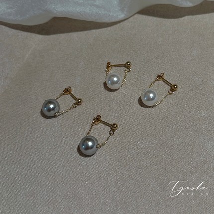 TYUSHA超美悬浮感!百搭正圆强光珍珠耳钉14K包金施家灰珍珠耳饰女