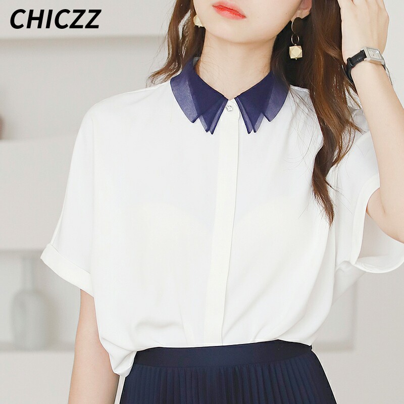 CHICZZ 欧根纱多层翻领领雪纺衬衫女短袖宽松夏季设计感小众上衣