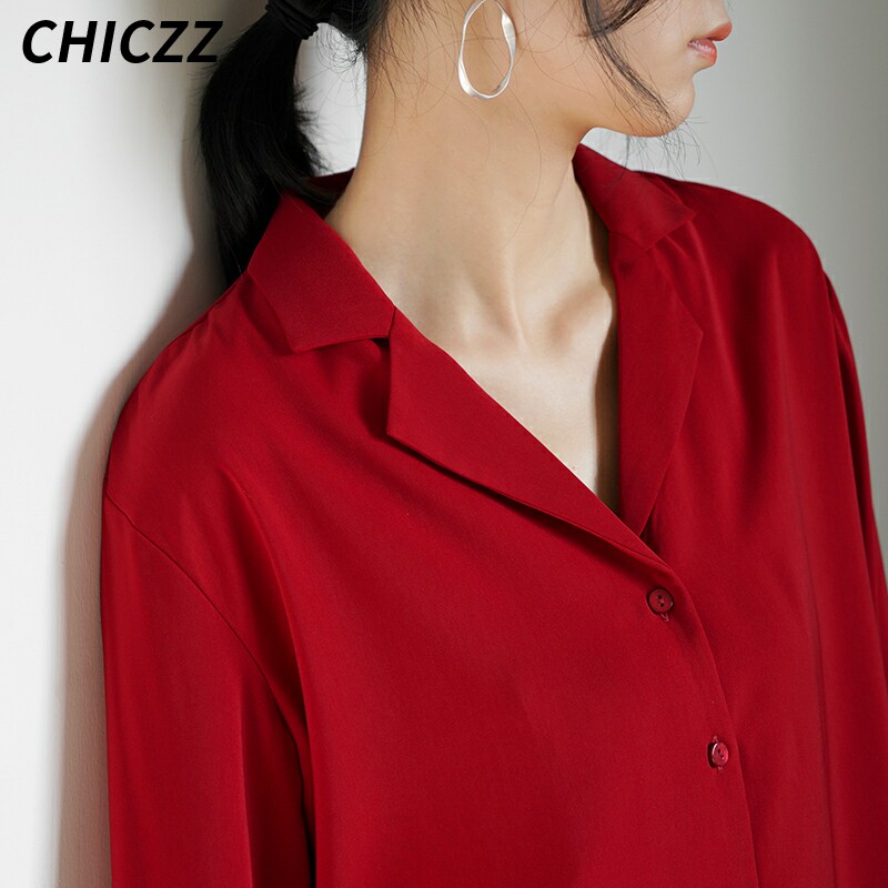 CHICZZ酒红色西装领法式衬衫女港风长袖宽松春秋小众设计感上衣