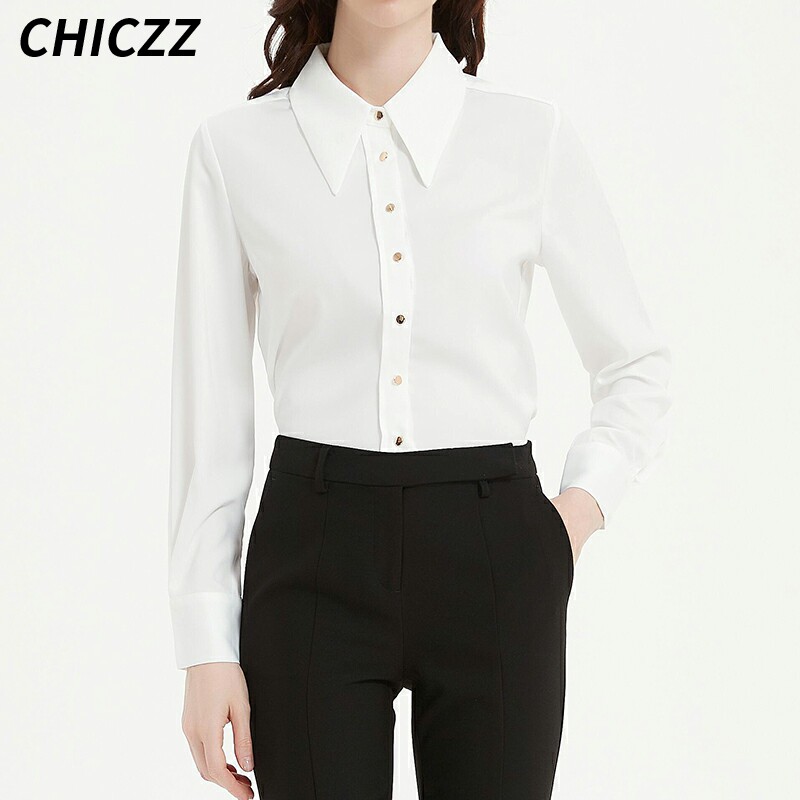 CHICZZ白色法式长尖领衬衫女高级感长袖缎面2025春季时尚洋气衬衣