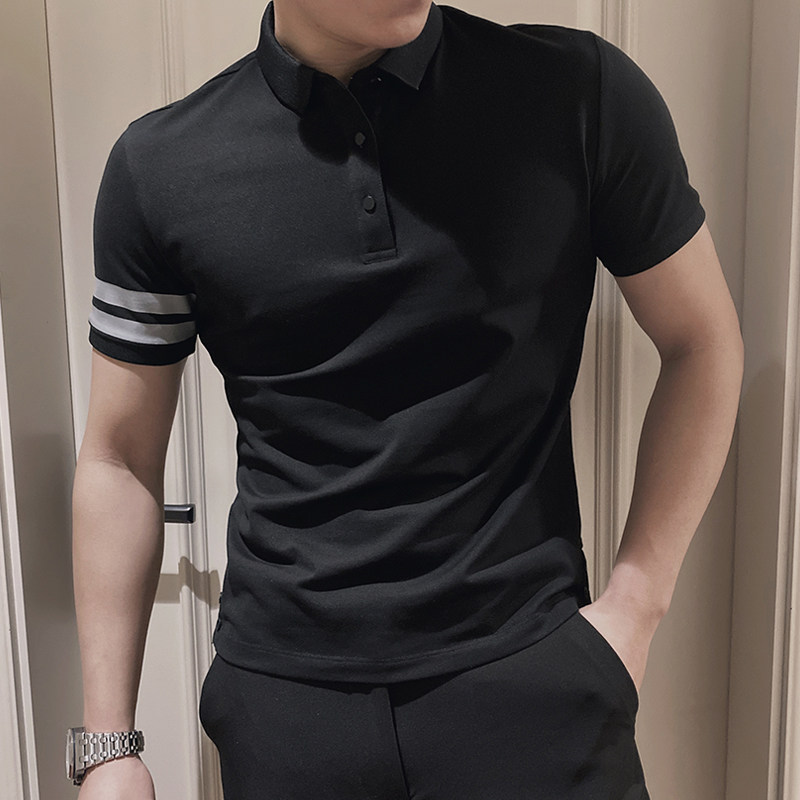 INTERNET CELEBRITY MENS HIGH-END SHORT-SLEEVED T-SHIRT SUMMER VERSATILE SLIM BODY SHIRT TRENDY STRIPED ICE SILK POLO SHIRT TRENDY BRAND HANDSOME