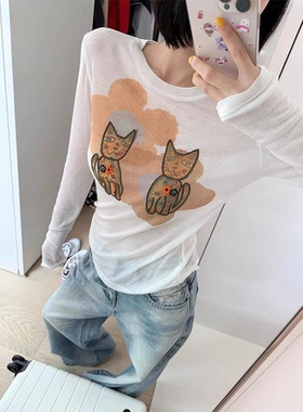 B 门店34&9！喵趣T恤真丝般肤感清爽透气印花长袖打底上衣 D40166