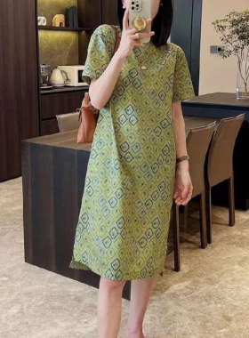 特！门店39&9！青黛连衣裙高级感复古/圆领中长款短袖长裙 C21729