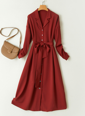 特！门店409！气质女神高端V领显白砖红收腰长袖连衣裙女 L72355