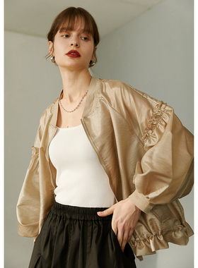 门店419高颜值轻薄款灯笼袖木耳边抽绳棒球服防晒女式外套L40078