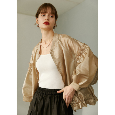 门店419高颜值轻薄款灯笼袖木耳边抽绳棒球服防晒女式外套L40078