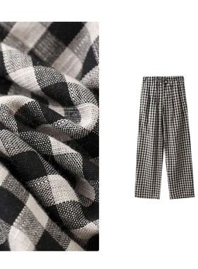 B 门店36&9！自留格子亞麻裤！透气清爽不沾身直筒休闲裤女C21389