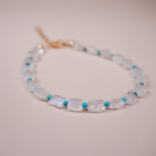 天然蓝月光手链女六月生辰石月光石原创设计小圆珠绿松石撞色手串