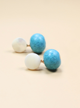 天然珍珠母贝耳钉女原创设计蓝色古董手工老琉璃耳饰气质百搭耳坠