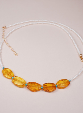 天然琥珀锁骨链花珀项链原创设计