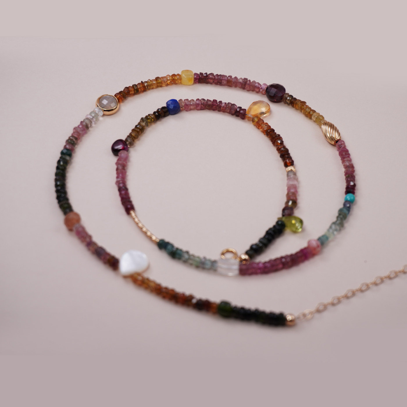 渐变碧玺项链彩色多宝串珠颈链复古多巴胺三圈手链水晶宝石毛衣链