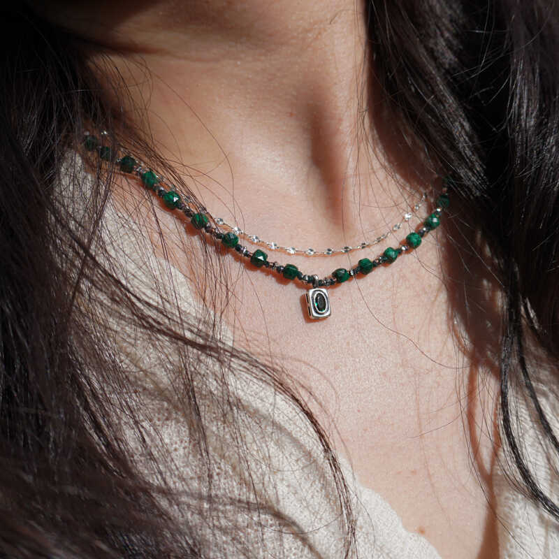 天然孔雀石项链男女款复古风原创小众设计手工编织颈饰纯银锁骨链