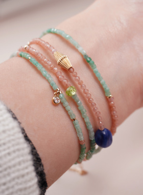 天然红纹石多宝手链女款极细多圈手饰原创设计项链绿宝石撞色手串