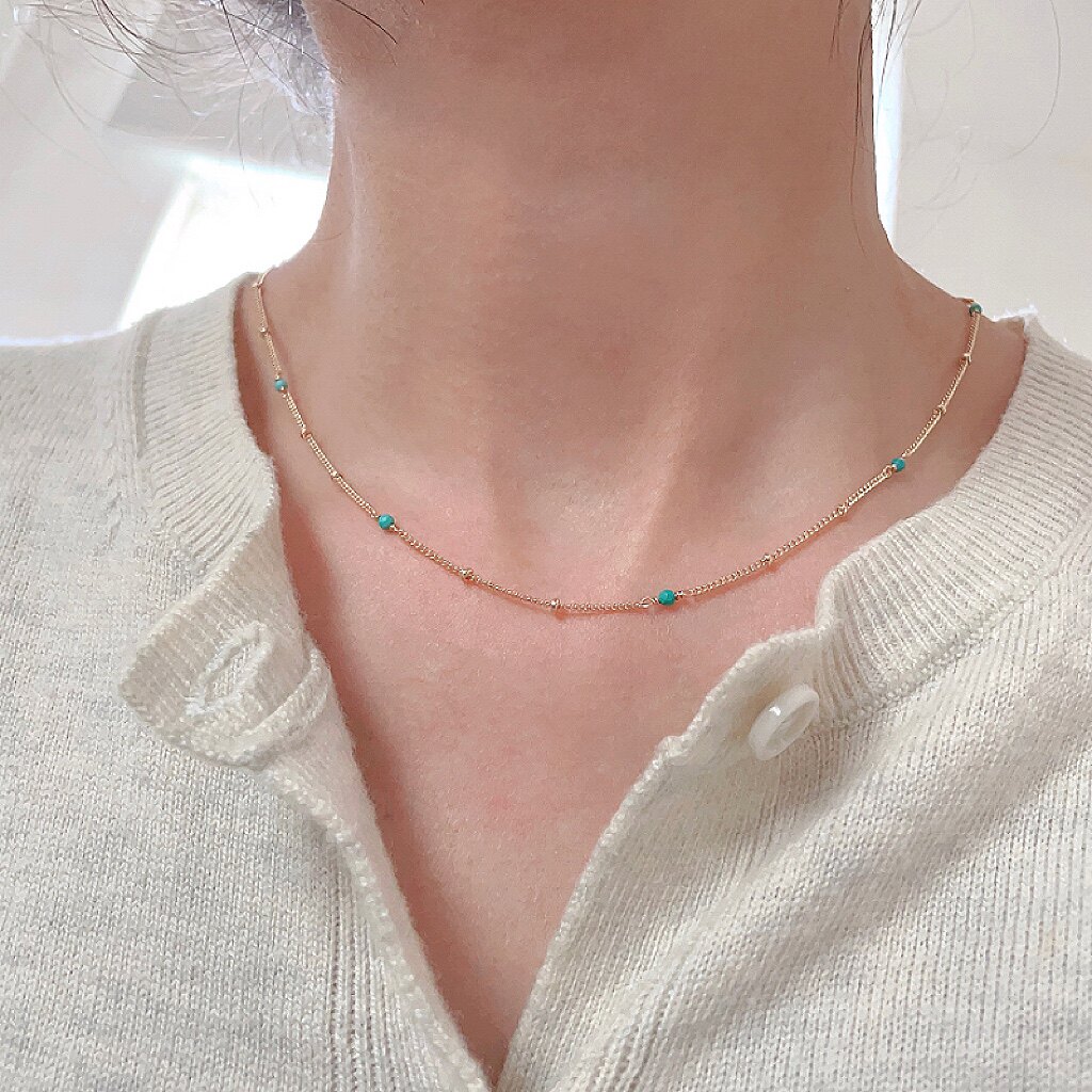 中古风小众设计感绿松石项链女满天星短款复古锁骨链原创素链