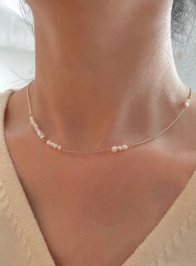 巴洛克天然小粒珍珠锁骨链ins