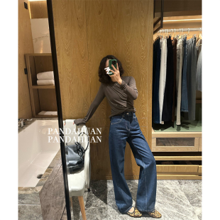 特殊打枣*普洗蓝色_斜弯袋硬挺版高腰笔直牛仔裤女秋冬直筒长裤