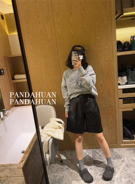 酷gan时髦_西装式宽松直筒蛋白pu皮中裤女中性风百慕大五分裤