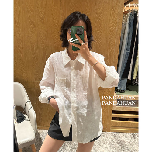 老钱风翻领长袖100%亚麻白衬衫女