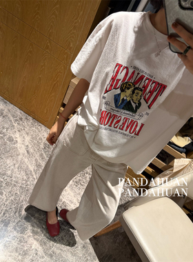 “LOVE STORY”美式画报_英文字母印花短袖宽松t恤女白色休闲tee