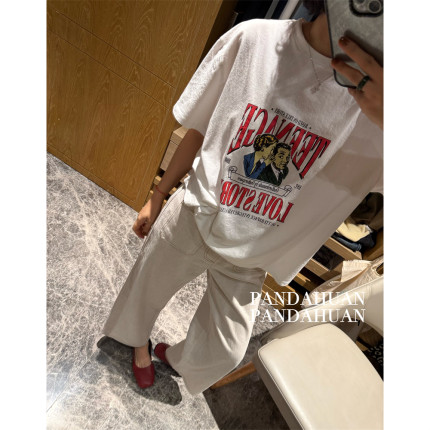 “LOVE STORY”美式画报_英文字母印花短袖宽松t恤女白色休闲tee