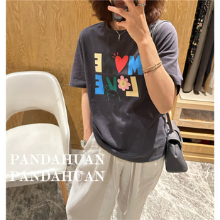 水洗牛仔色做旧彩色字母印花短袖 小众设计款 Tshirt女 爱 满满