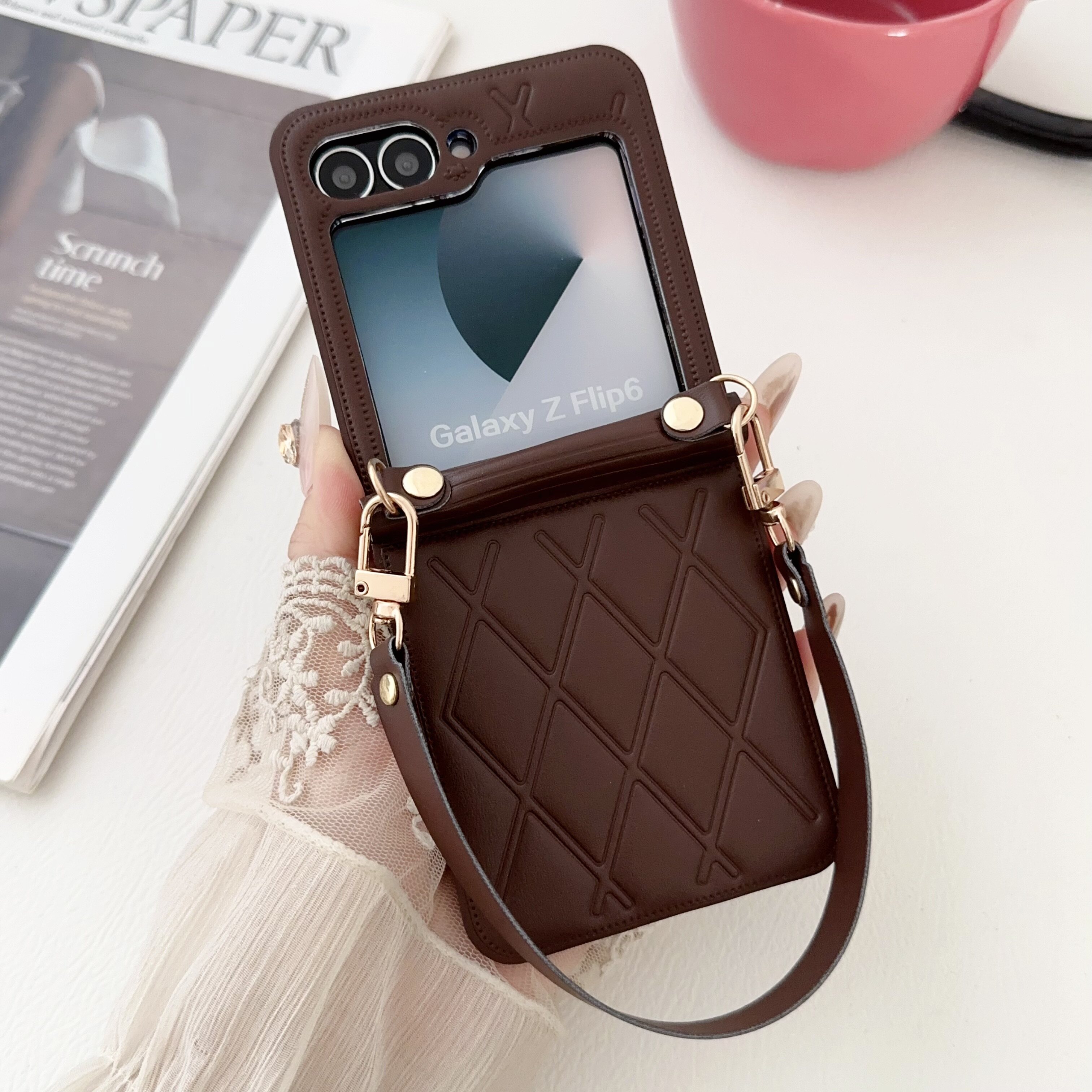 适用三星Galaxyzflip6手机壳zflip5新款折叠屏zflip7泡压菱格纹zflip4保护壳防摔中轴全包简约时尚手提款式