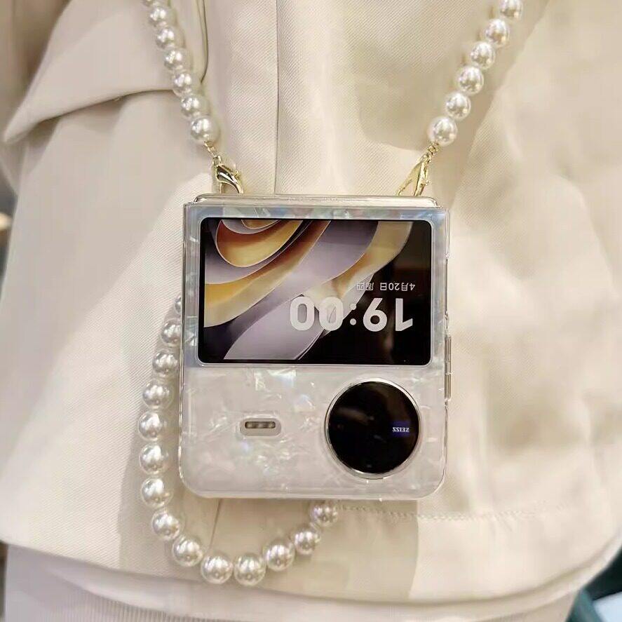 适用vivoxflip手机壳新款斜跨vivo xflip折叠屏女款贝壳纹手提保护壳oppofindn3flip防摔华为pocket2手机套