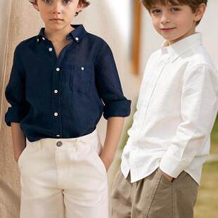 男童装亚麻衬衫老钱风翻领长袖上衣学院春季清爽透气亲肤棉麻衬衣