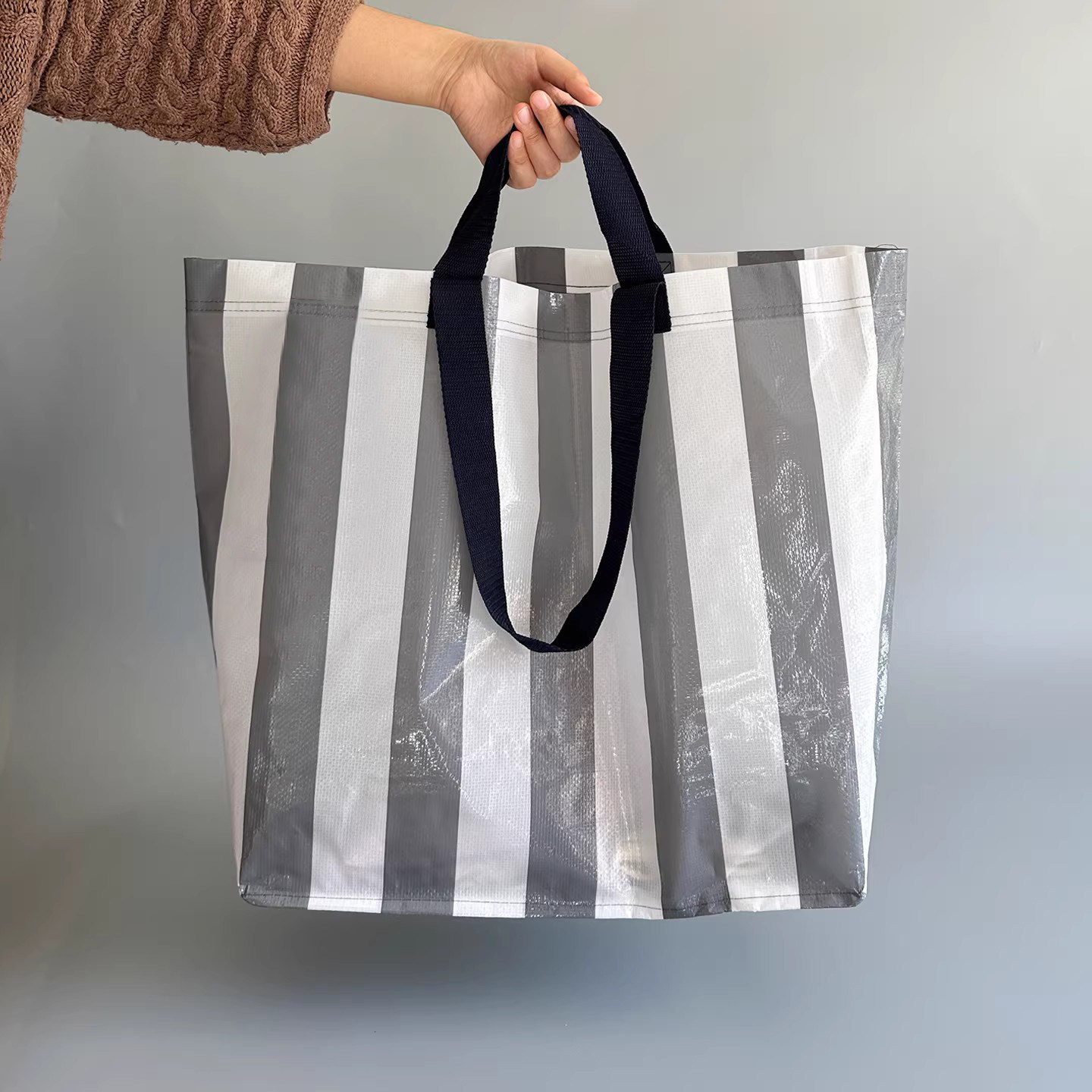 出口日本原单！摩登条纹大号透明编织料环保购物袋 取快递大袋子