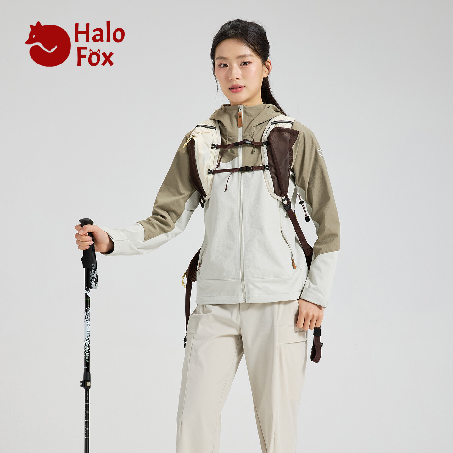 Halo Fox春季新品女士弹力外套户外软壳衣防风连帽夹克卡杜拉面料