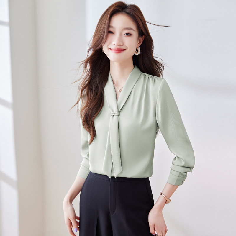 气质V领系带衬衣女春秋新款休闲百搭简约干练名媛淑女风衬衫上衣