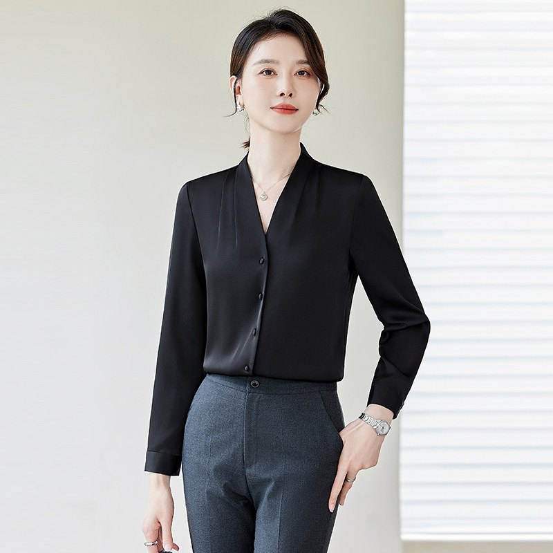 V领单排扣黑色衬衣女秋新款淑女气质雪纺衫通勤职业长袖衬衫上衣