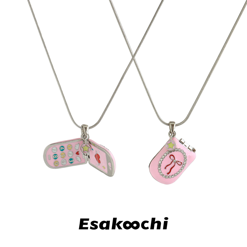 Esakoochi原创设计粉红少女可爱翻盖手机项链爱心蝴蝶结锁骨链