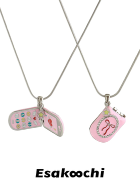 Esakoochi原创设计粉红少女可爱翻盖手机项链爱心蝴蝶结锁骨链