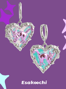 Esakoochi粉紫色赛博猫咪耳环电子风Y2K藤蔓花边爱心耳饰