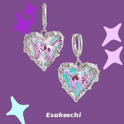 Esakoochi粉紫色赛博猫咪耳环电子风Y2K藤蔓花边爱心耳饰