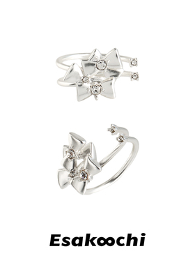 千金风磨砂银蝴蝶结开口双圈戒指