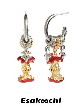 Esakoochi圣诞夜派对~原创设计复古金银色苹果核耳环星芒红色耳饰