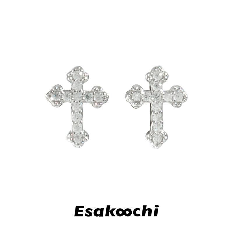 Esakoochi满钻十字架耳钉气质复古迷你小巧925银嘻哈耳饰