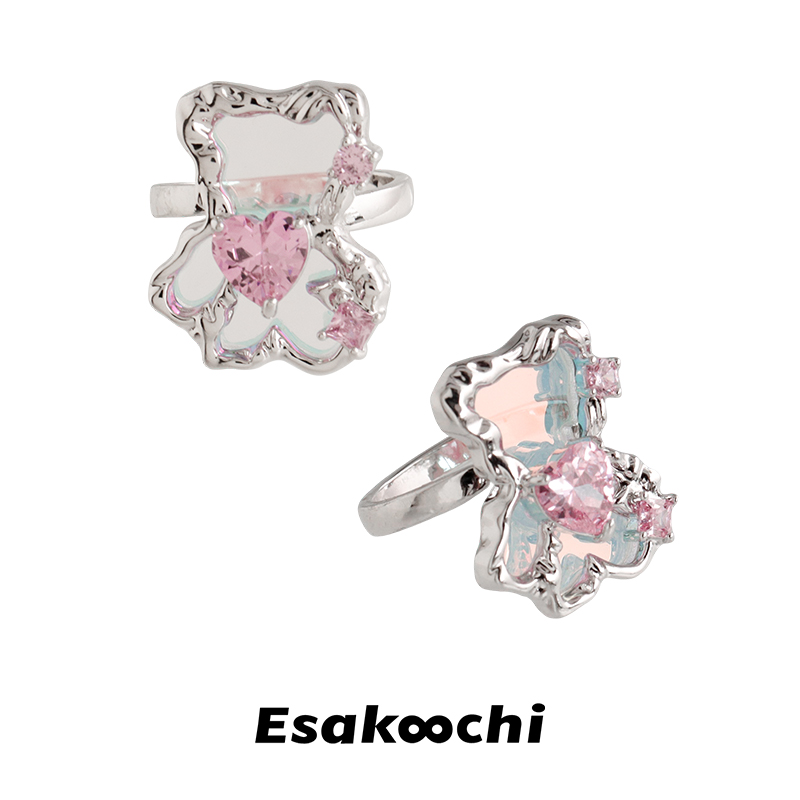 Esakoochi梦幻渐变镜面小熊戒指爱心开口指环可爱少女