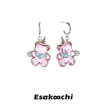 Esakoochi原创戴睡帽的小熊软糖耳环甜酷少女可爱耳钉设计感礼物