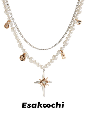 Esakoochi复古系列~哑光金银拼四芒星项链人造珍珠双层叠戴锁骨链