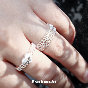 Esakoochi气质甜美蕾丝花边戒指粉蓝钻点缀少女风开口指环