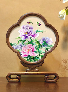非遗苏州双面绣桌面摆件牡丹花手工刺绣苏绣摆台商务送礼伴手礼画