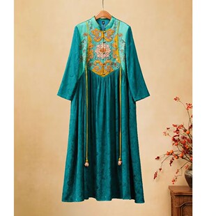 千椿物喜新中式国风秋季复古刺绣气质立领九分袖A版连衣裙长裙女1